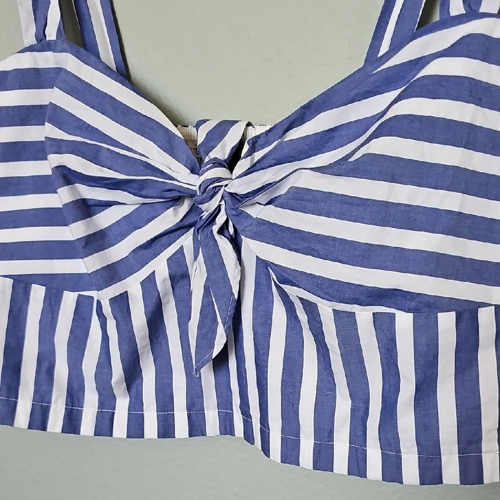 J. Crew Blue White Striped Crop Twist Tie Front Tank Smocked Back Top XXL NWT